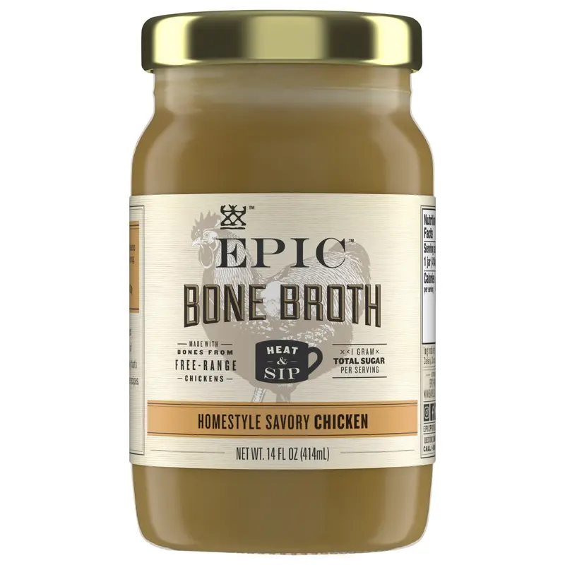 EPIC Bone Broth, Homestyle Savory Chicken, Keto and Paleo Friendly, Whole30 Approved, Gluten Free, 14 fl oz Jar